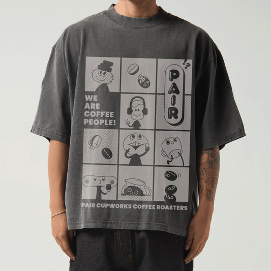 Coffee People Graphic on Dark Gray Shirt by Pair Cupworks