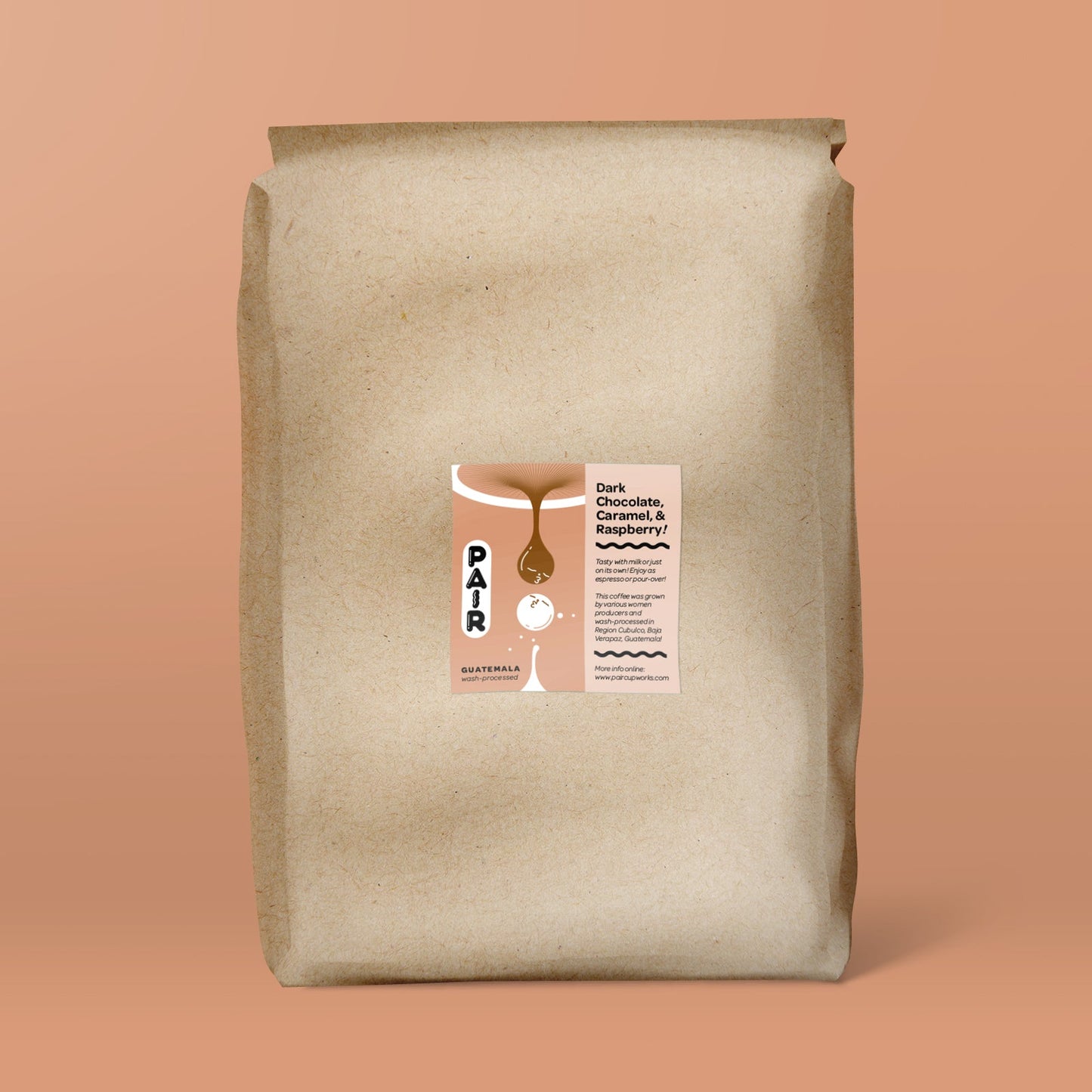 A five-pound bag of wash-processed coffee beans originating from Guatemala and roasted by Pair Cupworks